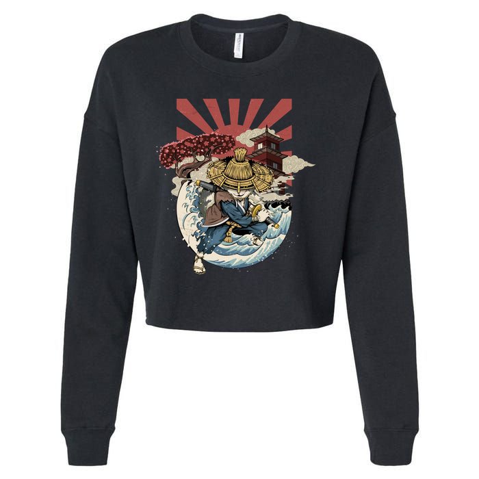 Cool Japanese Samurai Cat Neko Blue Wave Cropped Pullover Crew