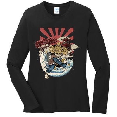 Cool Japanese Samurai Cat Neko Blue Wave Ladies Long Sleeve Shirt