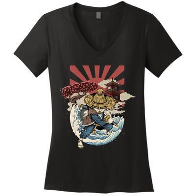 Cool Japanese Samurai Cat Neko Blue Wave Women's V-Neck T-Shirt
