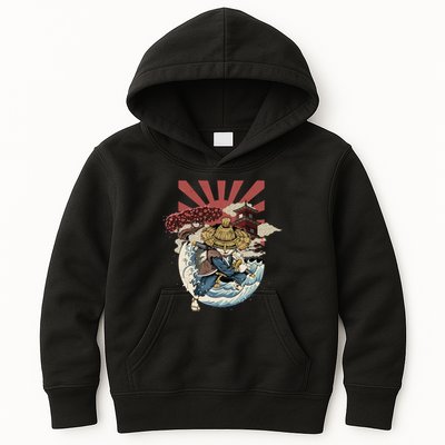 Cool Japanese Samurai Cat Neko Blue Wave Kids Hoodie