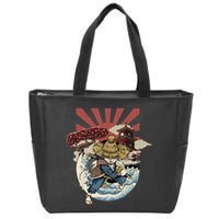 Cool Japanese Samurai Cat Neko Blue Wave Zip Tote Bag