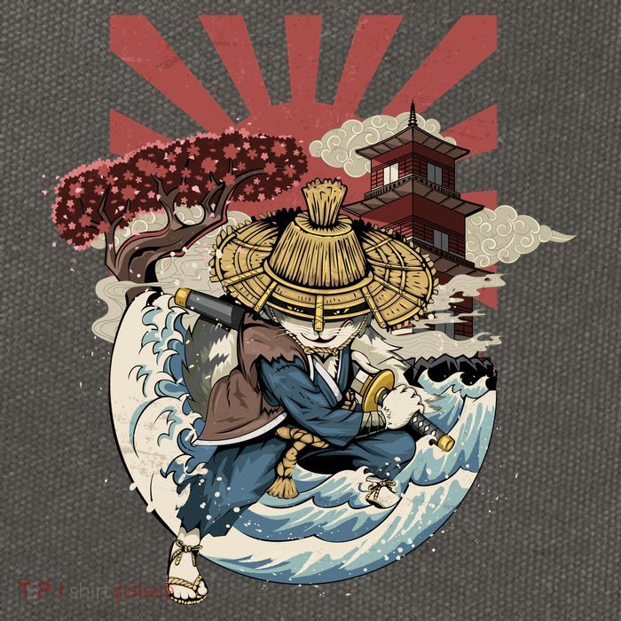 Cool Japanese Samurai Cat Neko Blue Wave Cotton Canvas Backpack