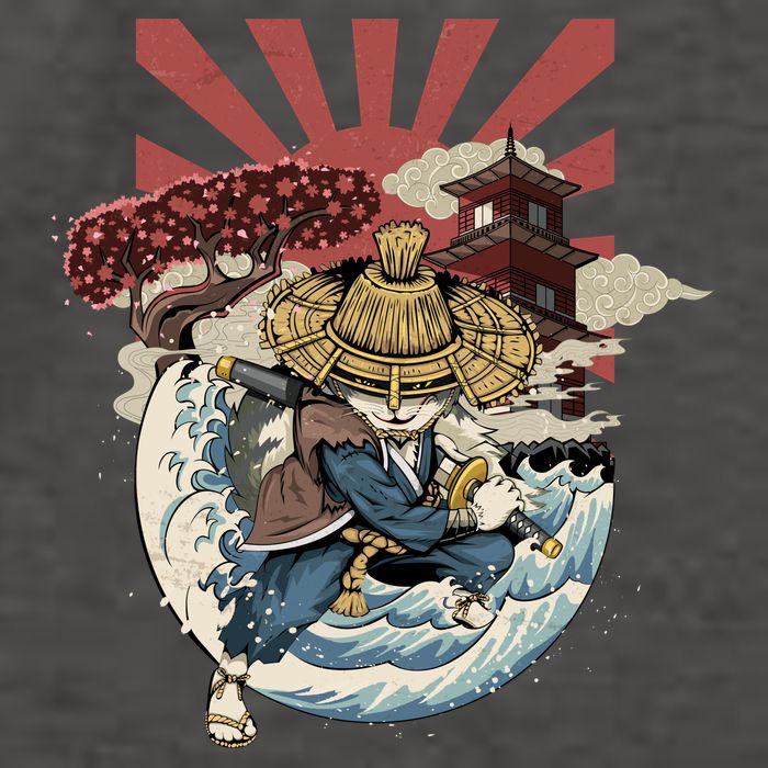 Cool Japanese Samurai Cat Neko Blue Wave Vector Backpack