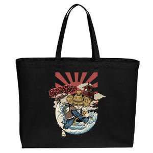 Cool Japanese Samurai Cat Neko Blue Wave Cotton Canvas Jumbo Tote