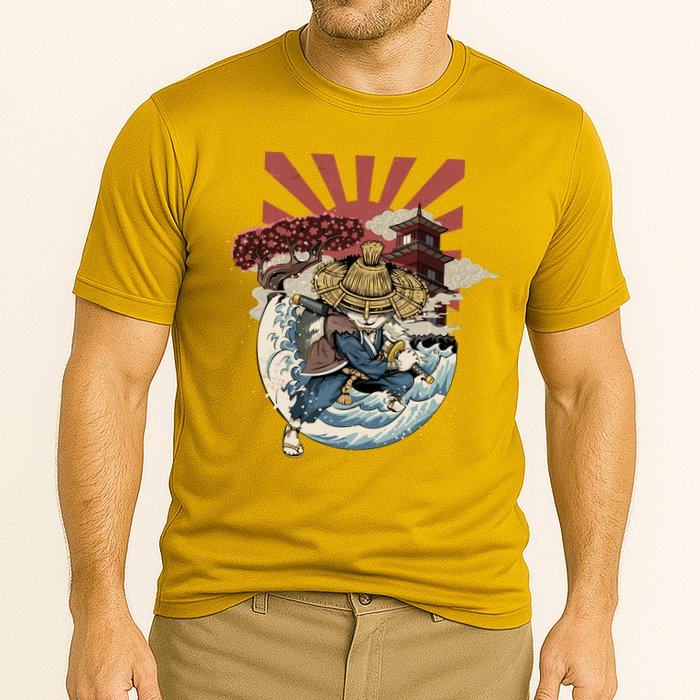 Cool Japanese Samurai Cat Neko Blue Wave Performance Shirt
