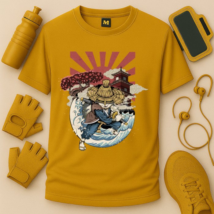 Cool Japanese Samurai Cat Neko Blue Wave Performance Shirt