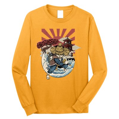 Cool Japanese Samurai Cat Neko Blue Wave Long Sleeve Shirt