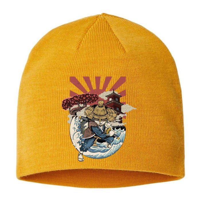 Cool Japanese Samurai Cat Neko Blue Wave Sustainable Beanie