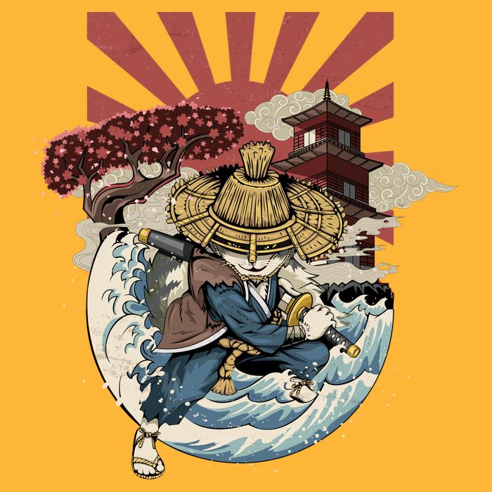 Cool Japanese Samurai Cat Neko Blue Wave Sustainable Beanie