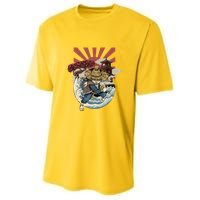 Cool Japanese Samurai Cat Neko Blue Wave Youth Performance Sprint T-Shirt