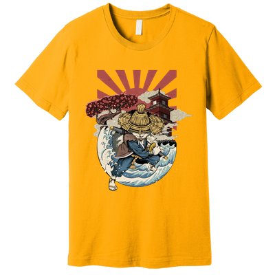 Cool Japanese Samurai Cat Neko Blue Wave Premium T-Shirt