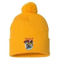 Cool Japanese Samurai Cat Neko Blue Wave Pom Pom 12in Knit Beanie