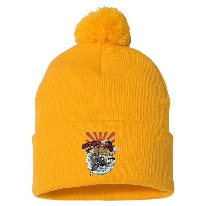 Cool Japanese Samurai Cat Neko Blue Wave Pom Pom 12in Knit Beanie