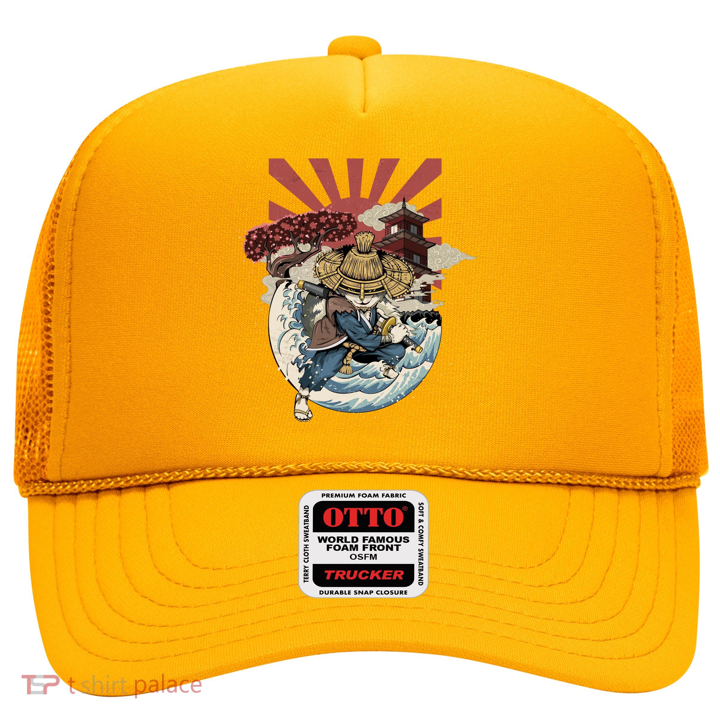 Cool Japanese Samurai Cat Neko Blue Wave Trucker Hat