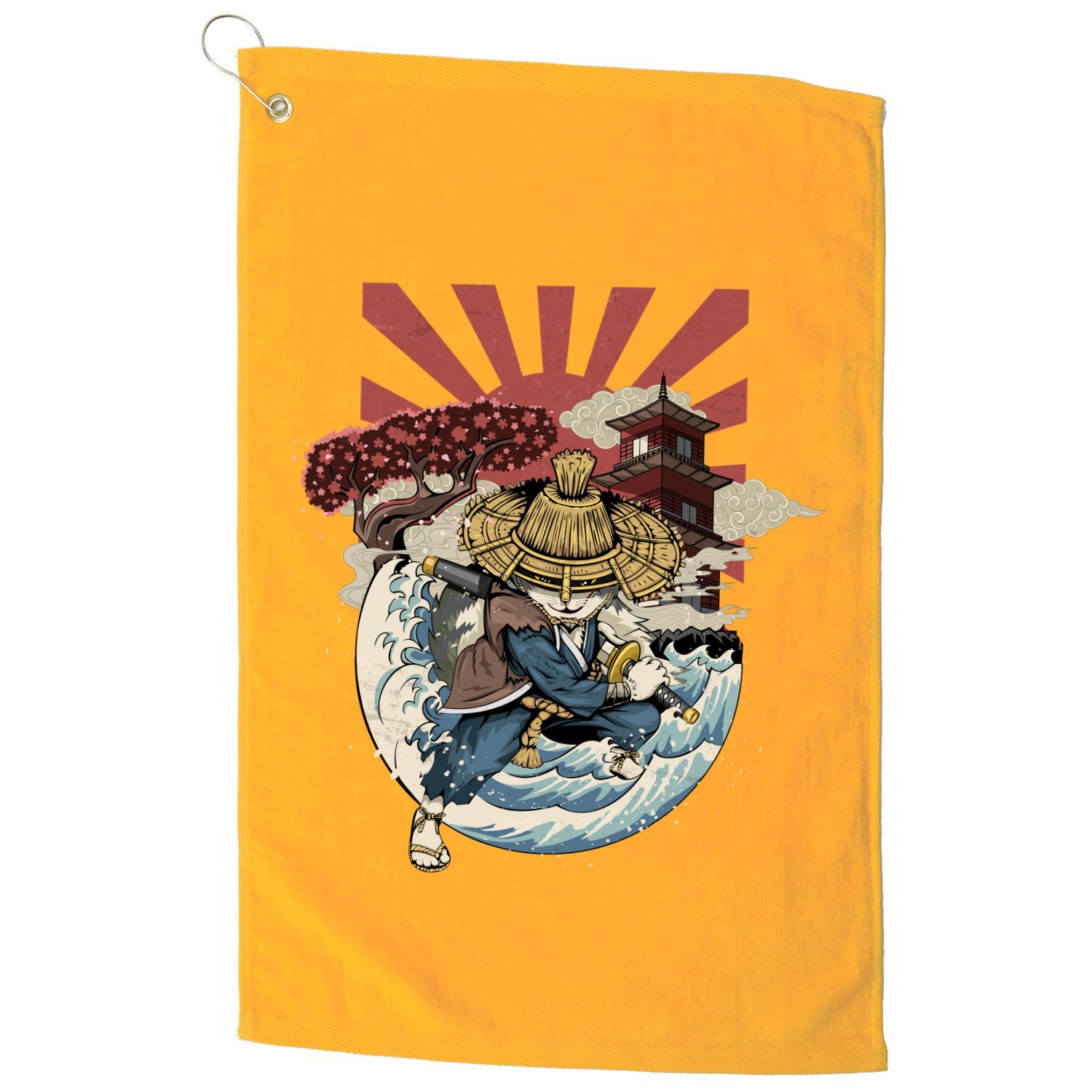 Cool Japanese Samurai Cat Neko Blue Wave Golf Towel
