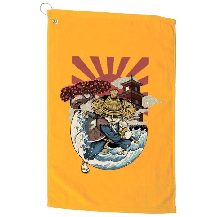Cool Japanese Samurai Cat Neko Blue Wave Golf Towel