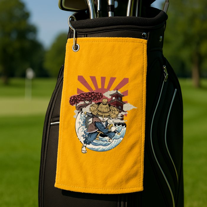 Cool Japanese Samurai Cat Neko Blue Wave Golf Towel
