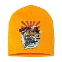 Cool Japanese Samurai Cat Neko Blue Wave Short Acrylic Beanie