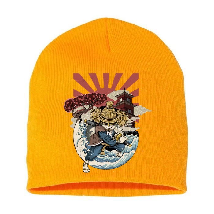 Cool Japanese Samurai Cat Neko Blue Wave Short Acrylic Beanie