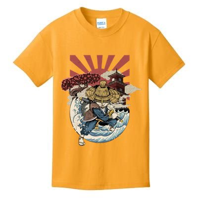 Cool Japanese Samurai Cat Neko Blue Wave Kids T-Shirt
