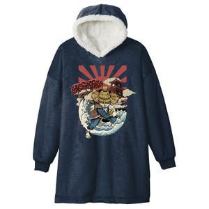 Cool Japanese Samurai Cat Neko Blue Wave Hooded Wearable Blanket