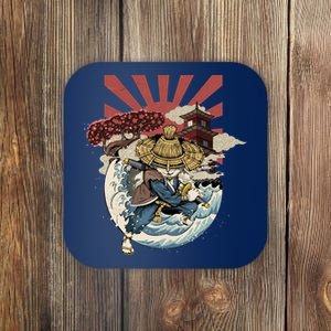 Cool Japanese Samurai Cat Neko Blue Wave Coaster