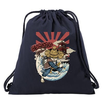 Cool Japanese Samurai Cat Neko Blue Wave Drawstring Bag