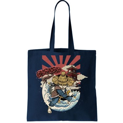 Cool Japanese Samurai Cat Neko Blue Wave Tote Bag