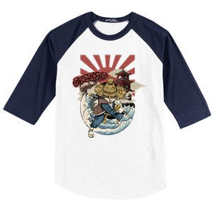 Cool Japanese Samurai Cat Neko Blue Wave Baseball Sleeve Shirt