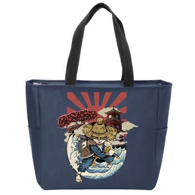 Cool Japanese Samurai Cat Neko Blue Wave Zip Tote Bag