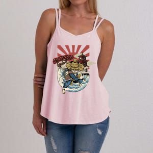 Cool Japanese Samurai Cat Neko Blue Wave Women's Strappy Tank