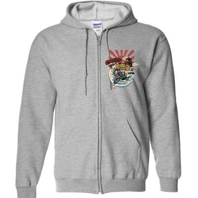 Cool Japanese Samurai Cat Neko Blue Wave Full Zip Hoodie