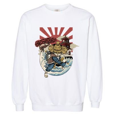 Cool Japanese Samurai Cat Neko Blue Wave Garment-Dyed Sweatshirt