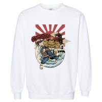 Cool Japanese Samurai Cat Neko Blue Wave Garment-Dyed Sweatshirt