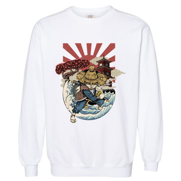 Cool Japanese Samurai Cat Neko Blue Wave Garment-Dyed Sweatshirt