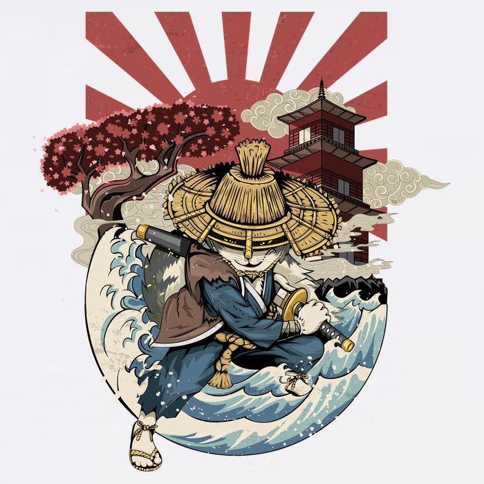 Cool Japanese Samurai Cat Neko Blue Wave Garment-Dyed Sweatshirt