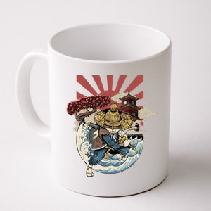 Cool Japanese Samurai Cat Neko Blue Wave Coffee Mug