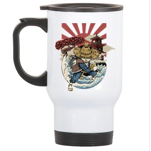 Cool Japanese Samurai Cat Neko Blue Wave Stainless Steel Travel Mug