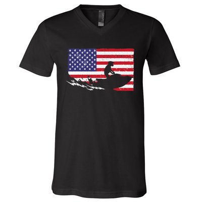 Cool Jet Ski For Skiers US American Flag Skiing V-Neck T-Shirt