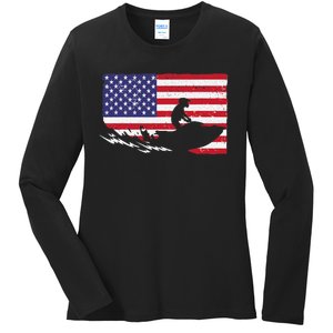 Cool Jet Ski For Skiers US American Flag Skiing Ladies Long Sleeve Shirt