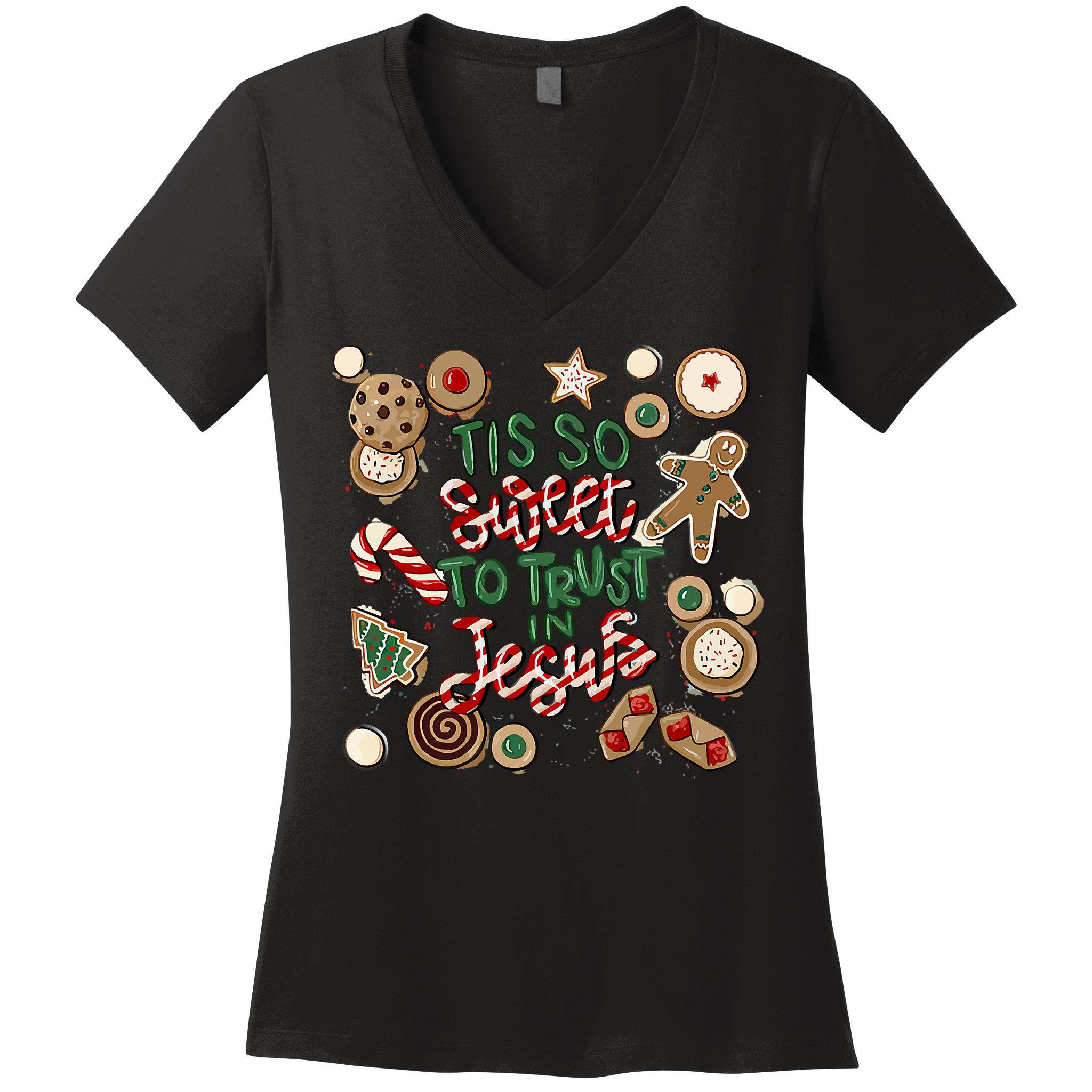 Christmas Jesus Tis So Sweet To Trust In Jesus Gingerbread Women's V-Neck T-Shirt