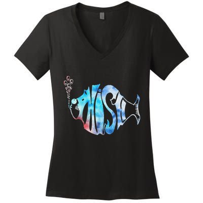 Colorful Jam Tie Dye For Fisherman Fish Graphic Women's V-Neck T-Shirt