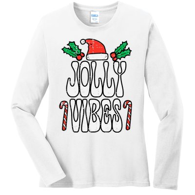 Christmas Jolly Vibes Retro Groovy Xmas Ladies Long Sleeve Shirt