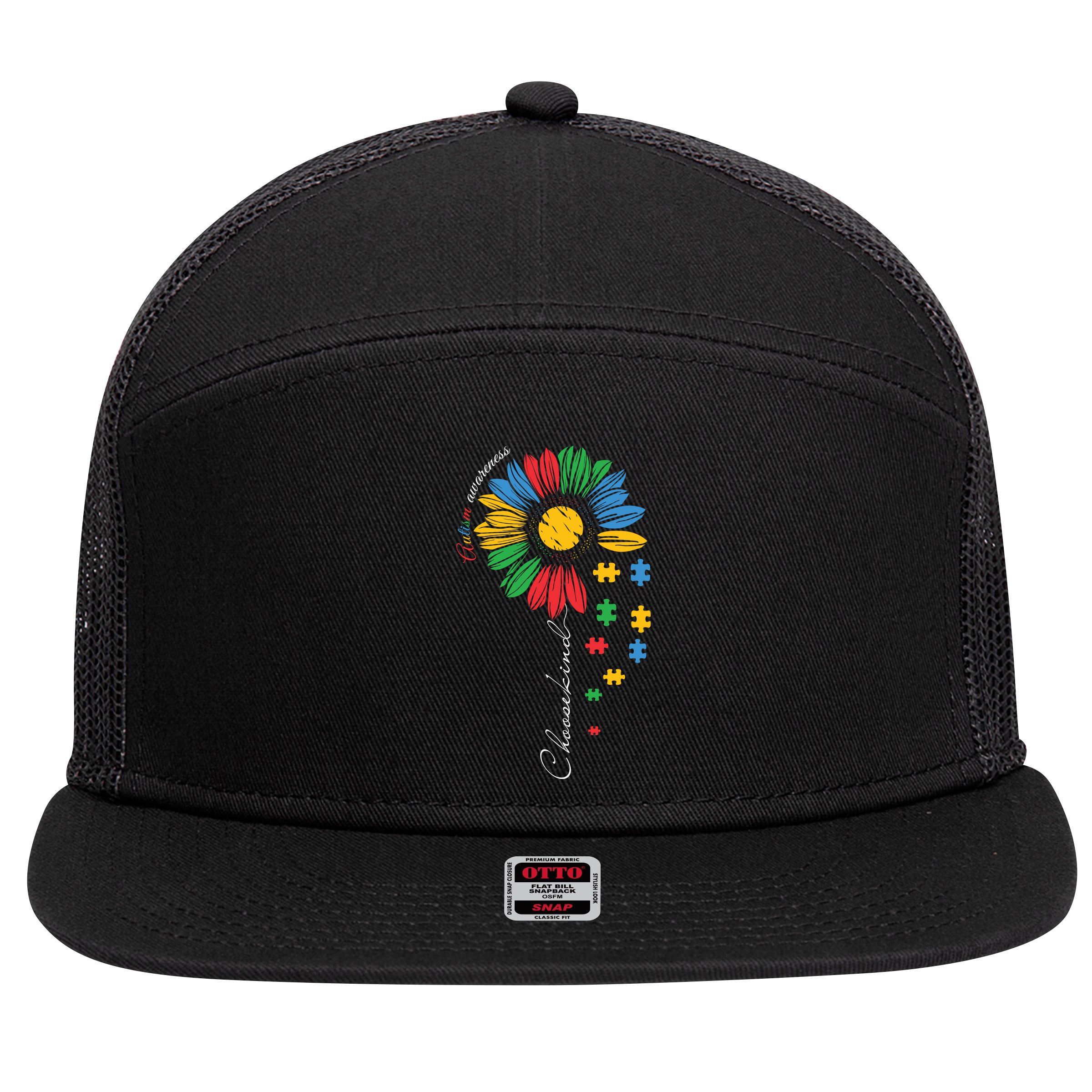 Choose Kind Autism Awareness Sunflower Puzzle Gift 7 Panel Mesh Trucker Snapback Hat