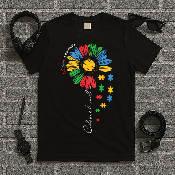 Choose Kind Autism Awareness Sunflower Puzzle Gift T-Shirt