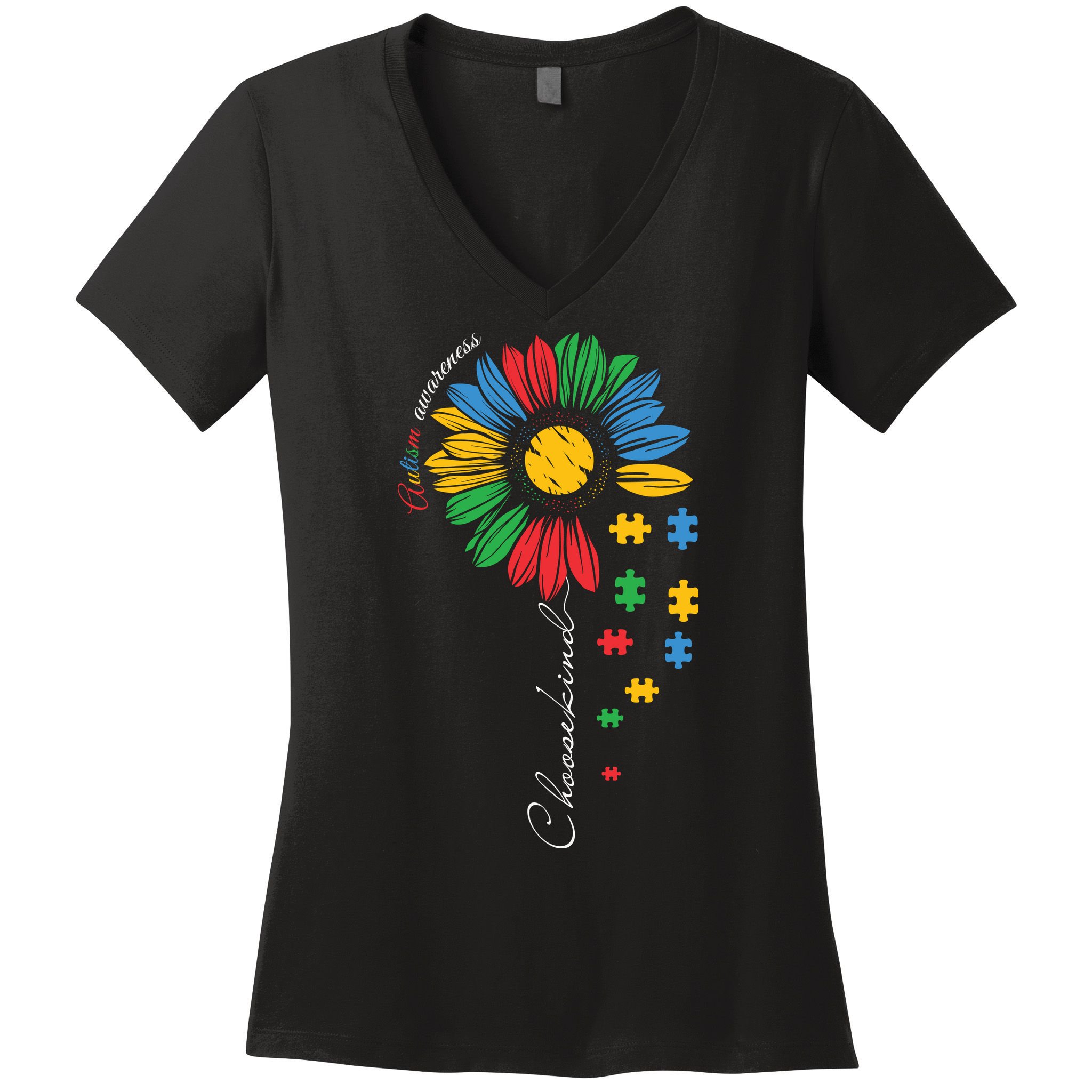 Choose Kind Autism Awareness Sunflower Puzzle Gift Women's V-Neck T-Shirt