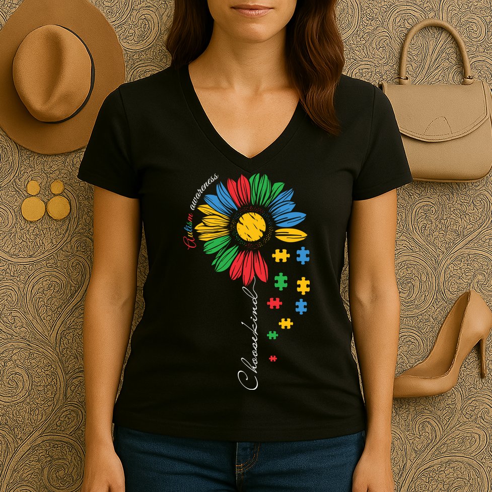Choose Kind Autism Awareness Sunflower Puzzle Gift Women's V-Neck T-Shirt