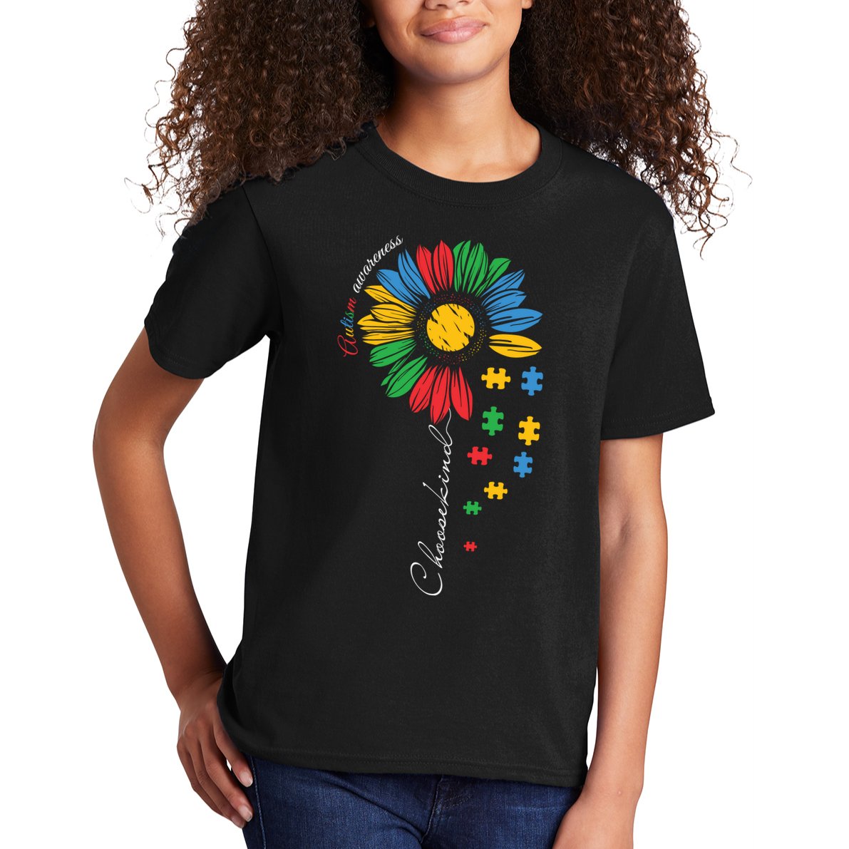 Choose Kind Autism Awareness Sunflower Puzzle Gift Kids T-Shirt