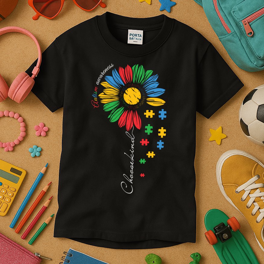 Choose Kind Autism Awareness Sunflower Puzzle Gift Kids T-Shirt