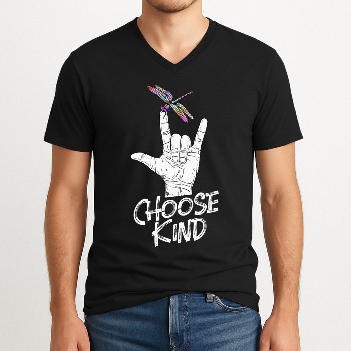 Choose Kind Asl Language Dragonfly Lover Insects V-Neck T-Shirt